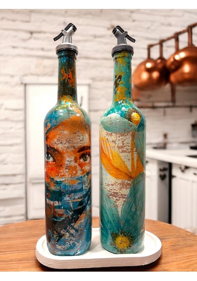 El Yapımı Soyut Kadın Portresi Ve Çiçek Motifli Vintage Yağdanlık Set, Mutfak Sosluk, Sirkelik Yeşil