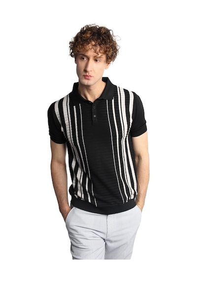 İgs Siyah Slim Fit Dar Kalıp Düğmeli Polo Yaka Desenli Kısa Kollu Triko Tişört-16315