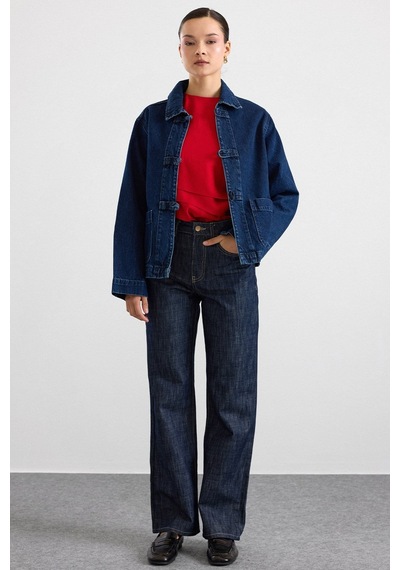 Olcay Birit Kapamalı Denim Ceket Koyu Mavi 8297