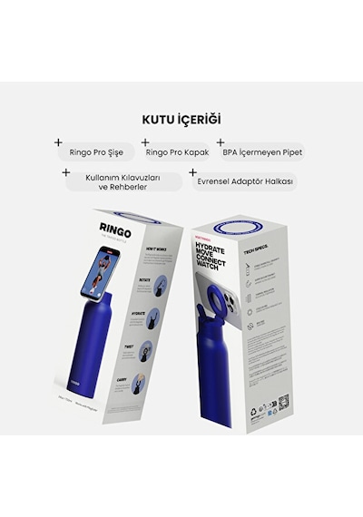 Ringo Pro Manyetik Telefon Tutuculu Termal Paslanmaz Çelik Su Şişesi Pipetli Kapak 24 Oz / 710 Ml Mavi