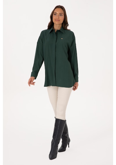 U.S. Polo Assn. Kadın Koyu Yeşil Uzun Kollu Oversize Desenli Gömlek 50316422-VR079