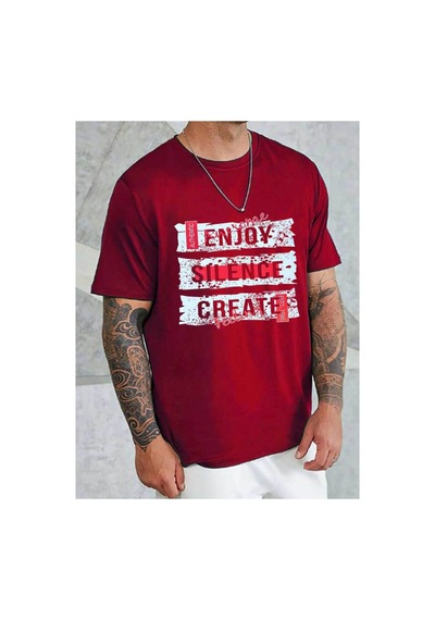 Medinenur Enjoy Baskılı Unisex Bisiklet Yaka Tshirt Kırmızı