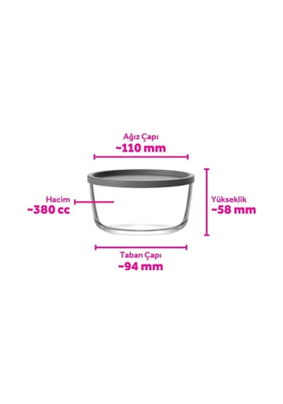 Lav Round Cam Saklama Kabı Tekli Küçük Boy 380 ml Yuvarlak Gri Plastik Kapaklı (Kahvaltılık )