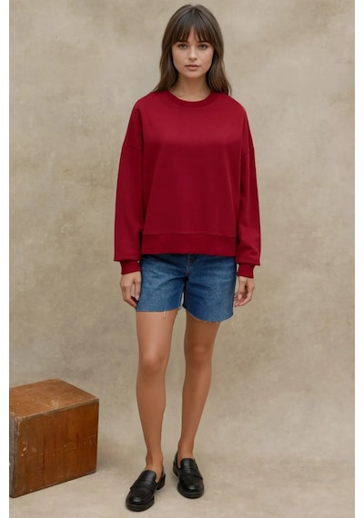 Hiccup Oversize Bisiklet Yaka Basic Sweatshirt Bordo Kırmızı