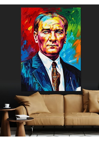 Renkli Mustafa Kemal Atatürk Resmi Dekoratif Kanvas - Mdf Ahşap Tablo