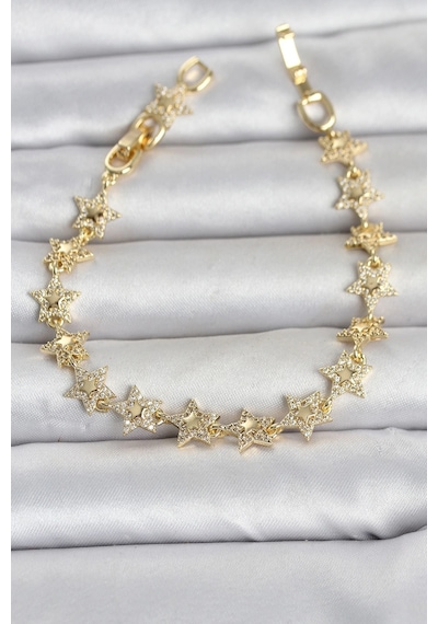 Sıralı Yıldız Model Zirkon Taşlı Gold Renk Pirinç Kadın Bileklik Çok Renkli