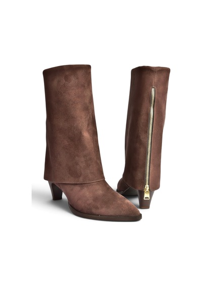 Fox Shoes Z820484202 Kahverengi Süet Kalın Topuklu Foldover Bot