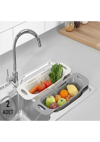 Sürgülü Ayarlanabilir Pratik Lavabo Süzgeci, Meyve Sebze Salata Yıkama Süzgeci Beyaz-gri 2 Adet Çok Renkli