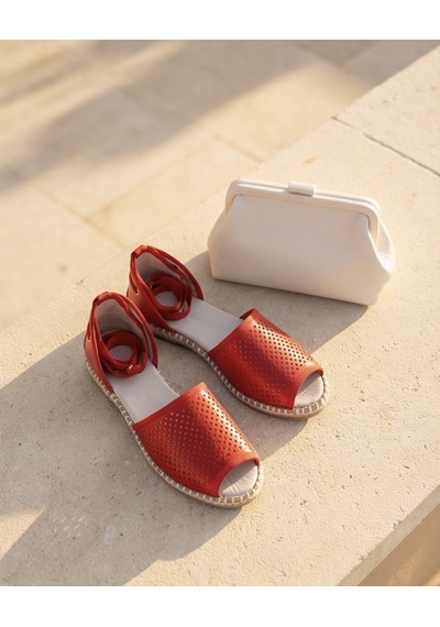 Futsishoes Peony Modern Bilekten Bağlama Kırmızı Hakiki Deri Kadın Espadril