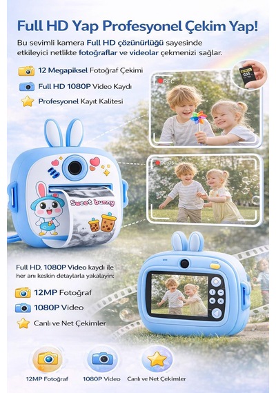 Cmr94 Çocuk Dijital Mini Kamera 1080p Hd 2.0 İnç Ekran Fotorğraf Video Oyun Müzik Usb Şarj Termal Resim Kağıt Baskılı Yazıcı Kamera Video Makinesi Print Kamera Pembe