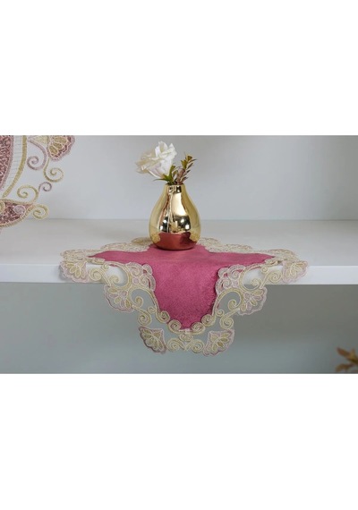 Aydan Aplikeli Güpürlü Kadife Pudra Salon Takımı 5 Parça 50x140 Cm 1453 Pudra