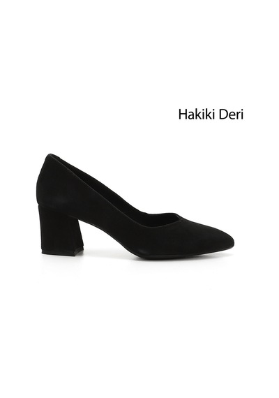 Gönderi(R) Gönderi R Siyah Süet Sivri Burun Orta Kalın Topuklu Hakiki Deri Ayakkabı Süet
