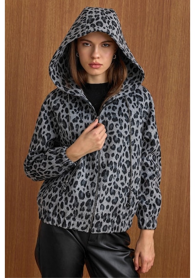 Olcay Kapüşonlu Beli Lastikli Oversize Leopar Desenli Kısa Kaban Gri 3162-l