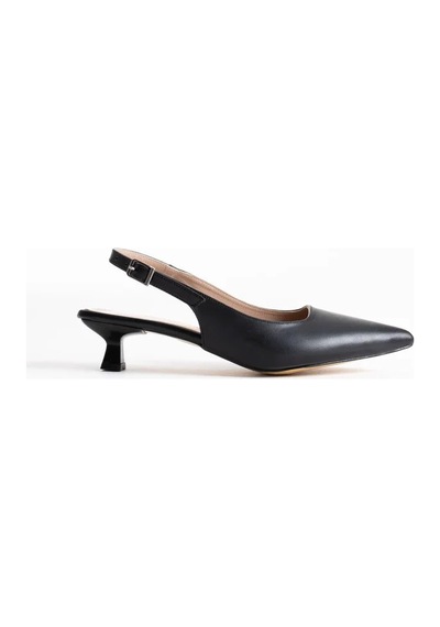 Alfaze Siyah Cilt Sivri Burun Kısa İnce Topuklu Slingback Ayakkabı Topuk Boyu 5 Cm