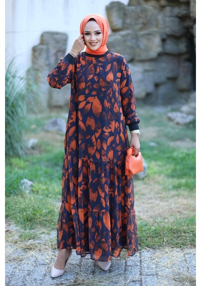 Harman Butik Kadın Astarlı Şifon Desenli Elbise Orange Orange