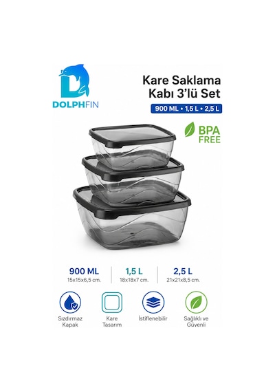 3 Lü Kare Saklama Kabı Seti Sızdırmaz Kapaklı 900 Ml 1,5 L 2,5 L Bpa İçermez Siyah
