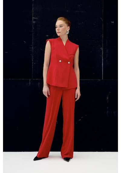 Sateen Anna Çizgili Pantolon - Kırmızı-137093 Kırmızı