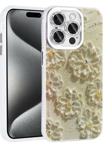 Apple Uyumlu iPhone 15 Pro Max Kılıf Çiçek Desenli Parlak Taşlı Sert Silikon Zore Garden Kapak Beyaz