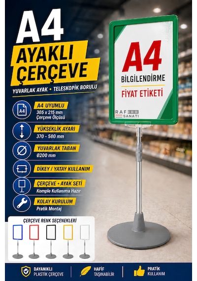 A4 Ayaklı Çerçeve Seti Yuvarlak Tabanlı Teleskopik Fiyat Etiketi Standı Yeşil