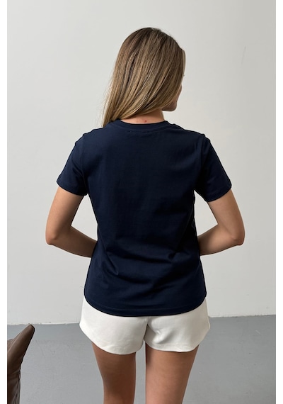 Giysa Kadın Lale Aksesuarlı Pamuklu T-shirt Lacivert - 26y 26516