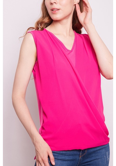 Jument Şifon Detaylı Anvelop Kolsuz Şık Likralı Parlak Kumaş Bluz-pembe Pembe