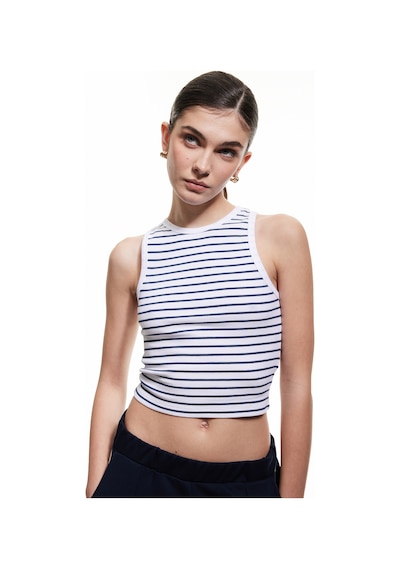 Koton Pamuklu Kolsuz Bisiklet Yaka Fitilli Crop Atlet Lacivert Çizgili 5sak10016ek Lacivert Çizgili