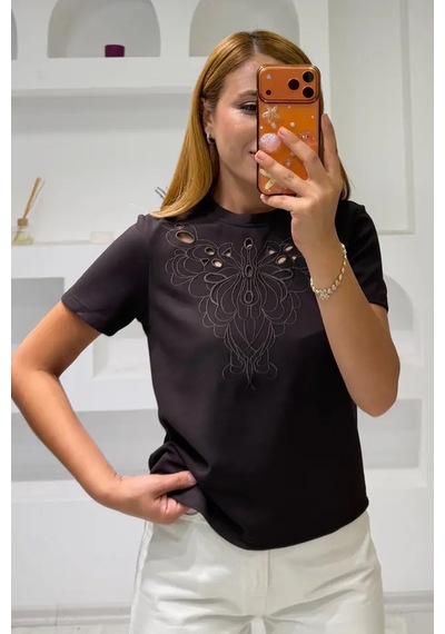 Fiolin Soft Touch Modal Kumaş Nakışlı Lazer Kesim T-shirt Siyah