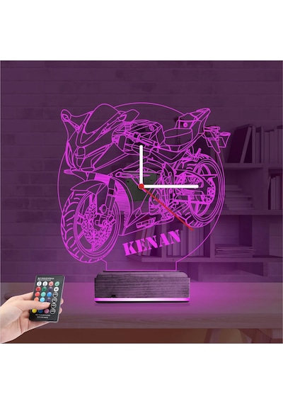 Luvivia Motorsiklet Motor V2 Kişiye Özel Saatli 3d Lamba - Masa Gece Lambası Şeffaf