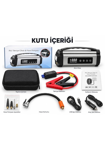 Mc6613-akü Takviye Cihazı Hava Pompası Reflektör Uyarı Işığı Camp Feneri Bisiklet Motorsiklet Araba Top Şişirmek İçin Başlık Tutma Saplı Şarj Edilebilir Powerbank Taşıma Çantalı