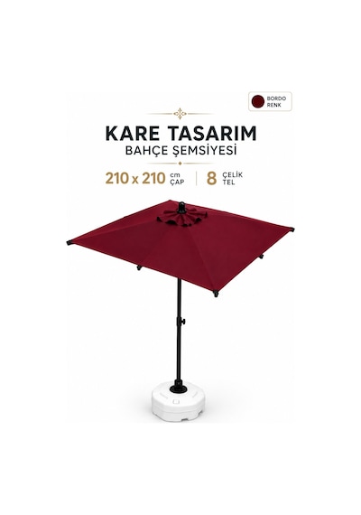 Alubrella Bordo 210x210 Kare 8 Çelik Tel Bahçe Şemsiyesi Bidonlu