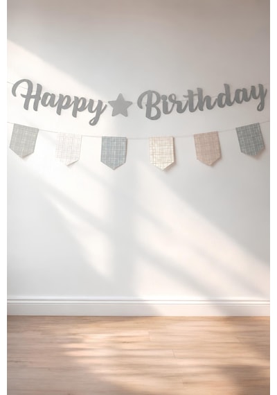 Bohem Happy Birthday Banner Seti Ekose Flama Süslü Doğum Günü Dekorasyon Bannerı Bej