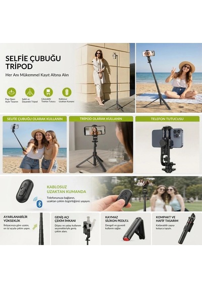 130 Cm Uzayabilen Manyetik Kumandalı Tripod Ve Ayarlanabilir Telefon Tutuculu, Alüminyum Gövdeli Sel