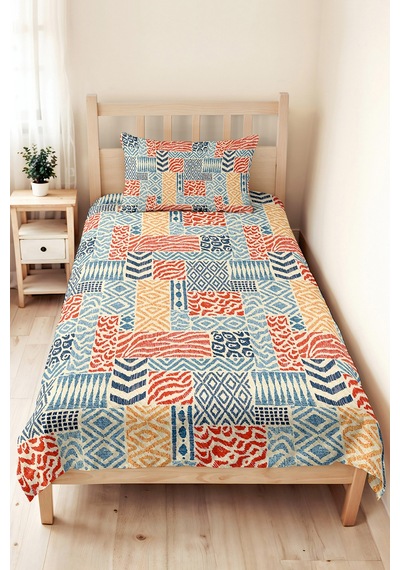Mavi Geometrik Genç Odası Tek Kişilik Pike Takımı-bohem Kiremit Bej 160x220 Cm Kapitone Yatak Örtüsü Mat Toprak Aurası