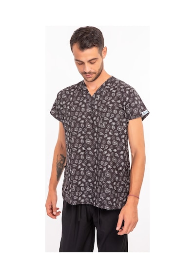Unisex Siyah Otantik Desenli Likralı Hemşire Doktor Scrubs Hastane Üniforma Takımı Siyah Siyah