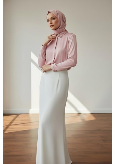 Pera Moda Yakası Taşlı Basic İç Göstermeyen Şık Gömlek Pudra