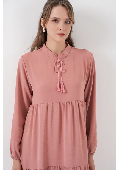 Hiccup Bdart Fiyonklu Düz Maxi Elbise Toz Pembe