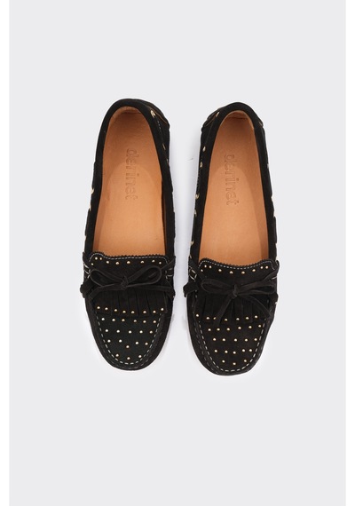 Derinet Hakiki Deri Püsküllü Kadın Loafer Siyah Süet Siyah Süet