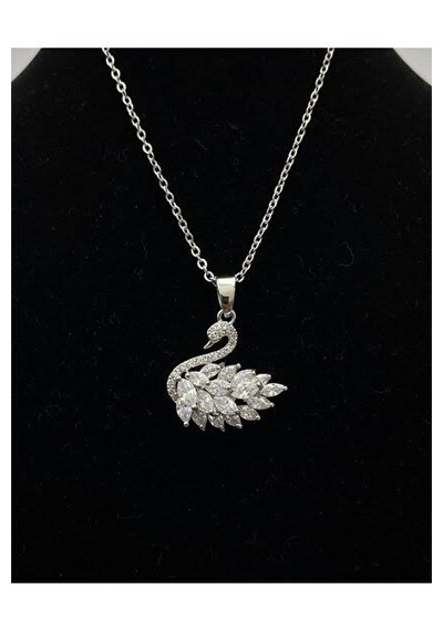 Stainless Steel Kuğu Model Beyaz Zirkon Taşlı Çelik Kolye Silver