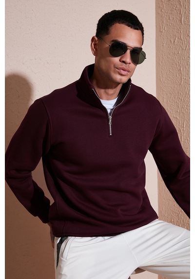 Buratti Pamuklu Regular Fit Yarım Fermuarlı Dik Yaka Erkek Sweat 59052592 Vişne