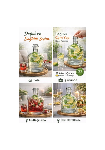 Cam Damacana Sürahi 2 Litre Detoks & Limonata Şişesi, Dekoratif Cam İçecek Dispenseri