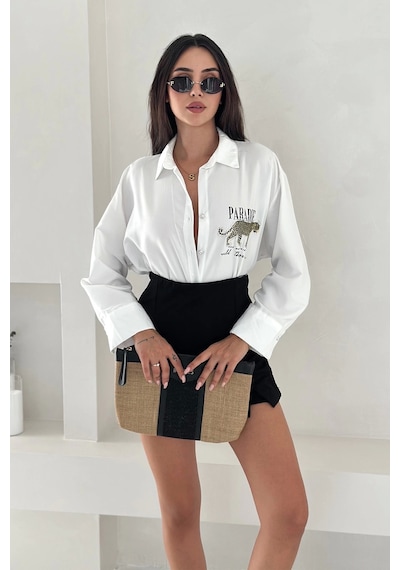 Asprin Fashion Dril Kumaş Paradise Baskılı Taşlı Gömlek Gold Beyaz