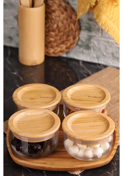 Bambum Duo 300ml 4'lü Tepsili Bambu Silikonlu Kapaklı Hava Aldırmaz Cam Kahvaltılık