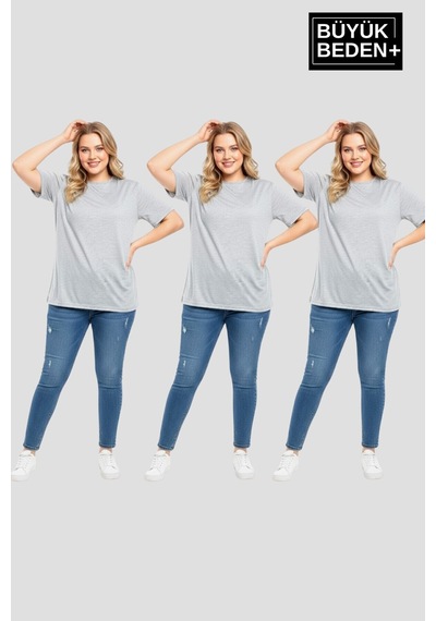 Superlife Büyük Beden Kadın Basic 3xl-6xl Bisiklet Yaka 3'lü Tişört Seti Spr26btsk510+3 Gri