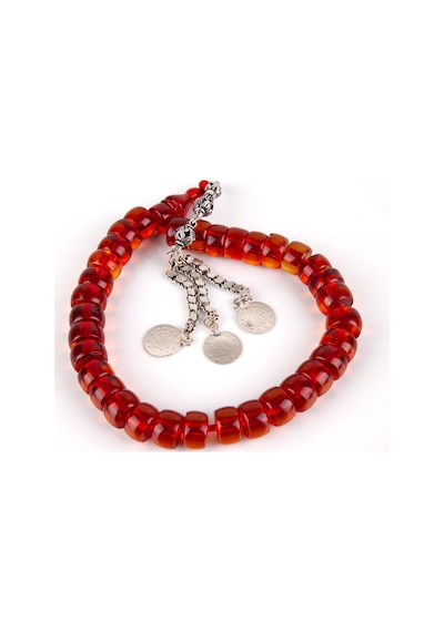 Osmanlı Ateş Kehribar 1900'ler Dönem İşi 925 Ayar Gümüş Püskül Fıçı Kesim 14x8mm Tesbih Kırmızı