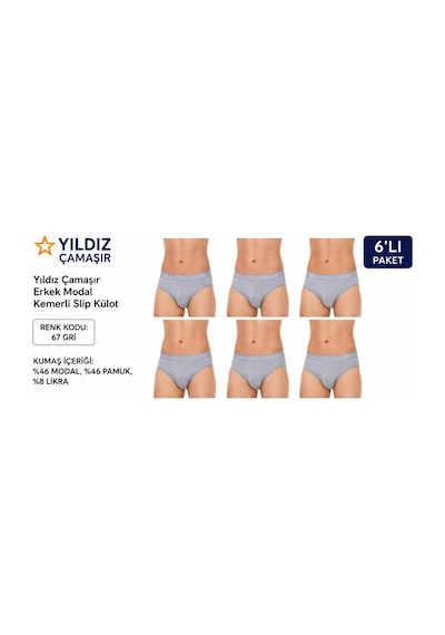 Yıldız Çamaşır Erkek Modal Likralı Kemerli Slip Külot 65-66-67 - 6 Adet Gri