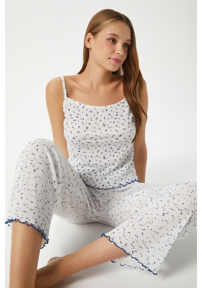Ritnice Kadın June Askılı Mavi Minik Çiçekli Alt Üst Pijama Takımı Ekru - Mavi