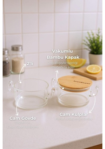 Bambum Modena - 2'li Bambu Kapaklı Cam Saklama Kabı Şeffaf