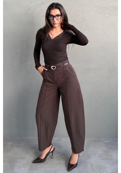 Madmext Kahverengi Modern Kesim Kemerli Yüksek Bel Bol Paça Kumaş Pantolon Mg2618 Kahverengi