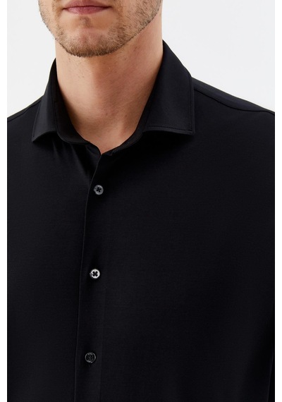 Sabri Özel Erkek Siyah Dar Kesim Slim Fit %100 Pamuk Düz Dokuma Klasik Yaka Gömlek