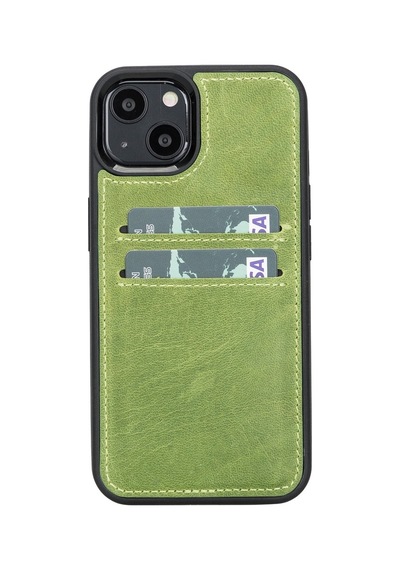 Plm Apple İphone 13 Uyumlu Deri Kartlıklı Arka Kapak G16 Yeşil Renkli